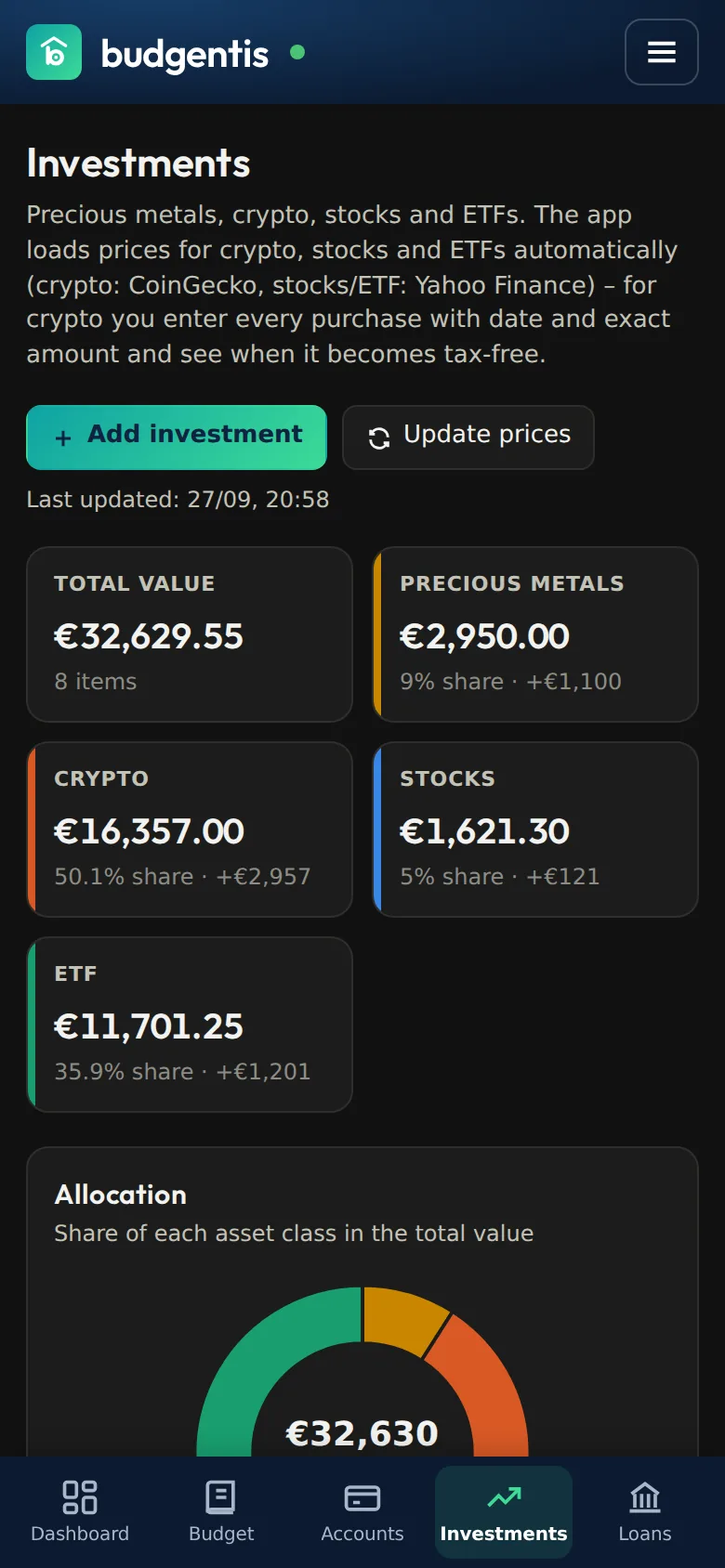 Investments in dark mode on a phone